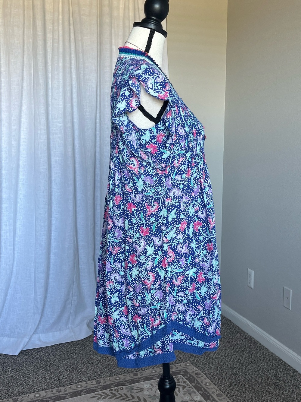 Poupette St Barth Blue Pink Print Tunic Dress Fringe V Neck Cover Up Size S - Picture 4 of 10